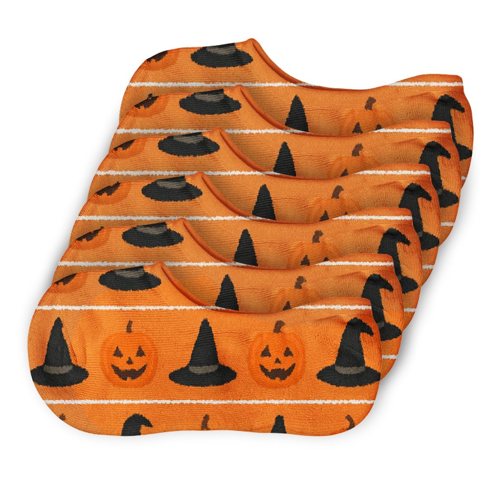 Witch Hat And Pumpkin Ribbon Bands On Orange Background soft cotton no-show socks