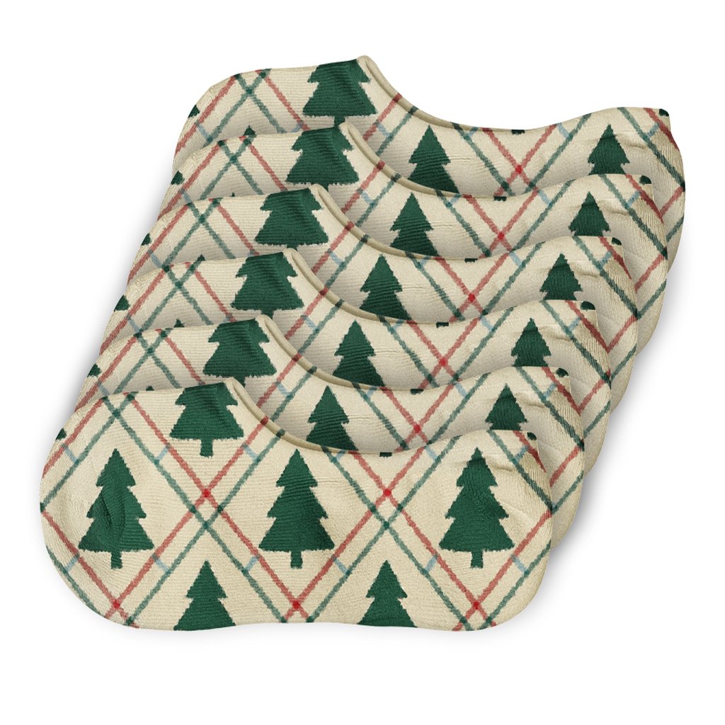 Plaid Overlay Xmas Tree Silhouettes low cut no-show socks