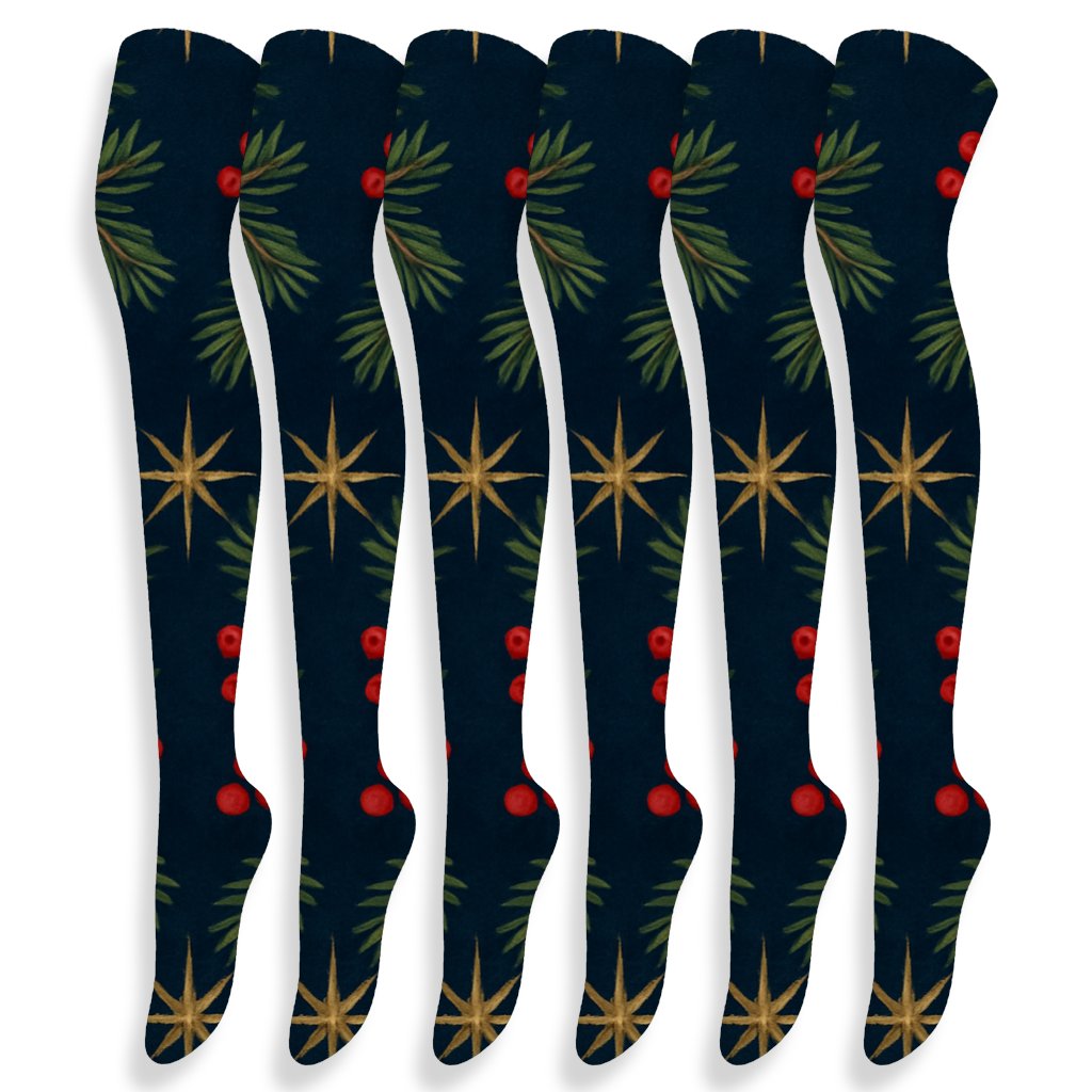 Crimson Poinsettia Lattice On Midnight Sky trendy patterned over-the-knee socks