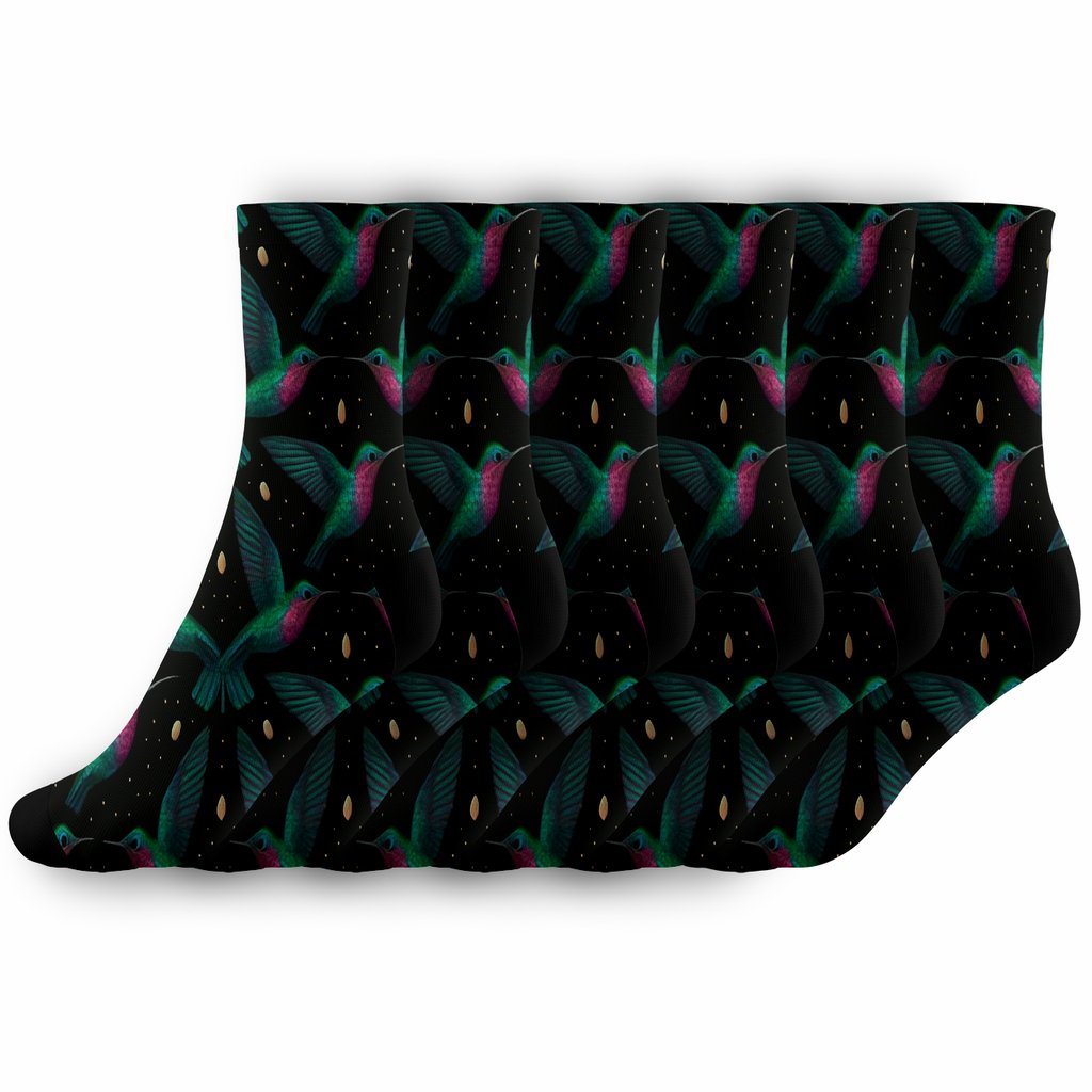Hummingbird Orbit Lattice On Midnight Black premium sports crew socks