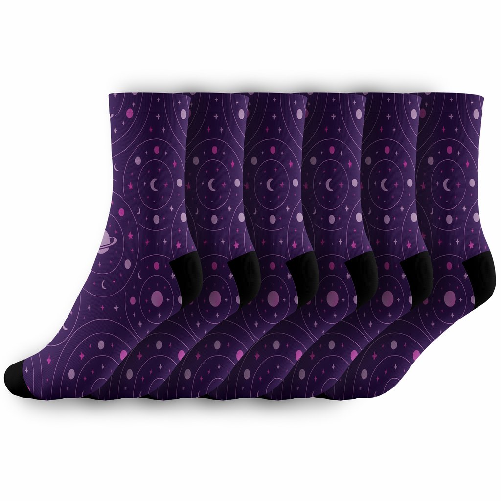 Orbital Planet Mandala On Cosmic Purple premium sports crew socks
