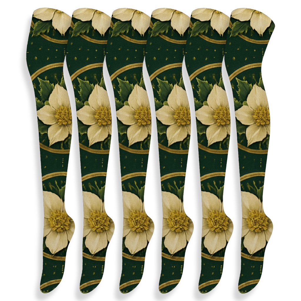 Gilded Christmas Rose Medallions On Deep Forest comfortable cotton over-the-knee socks
