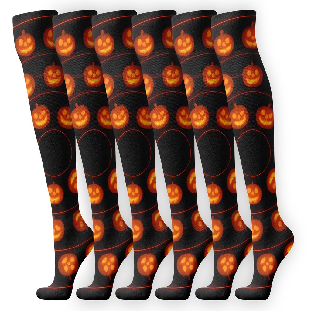 Twinned Jack O Lantern Orbit Rings On Black Background soft everyday knee-high socks