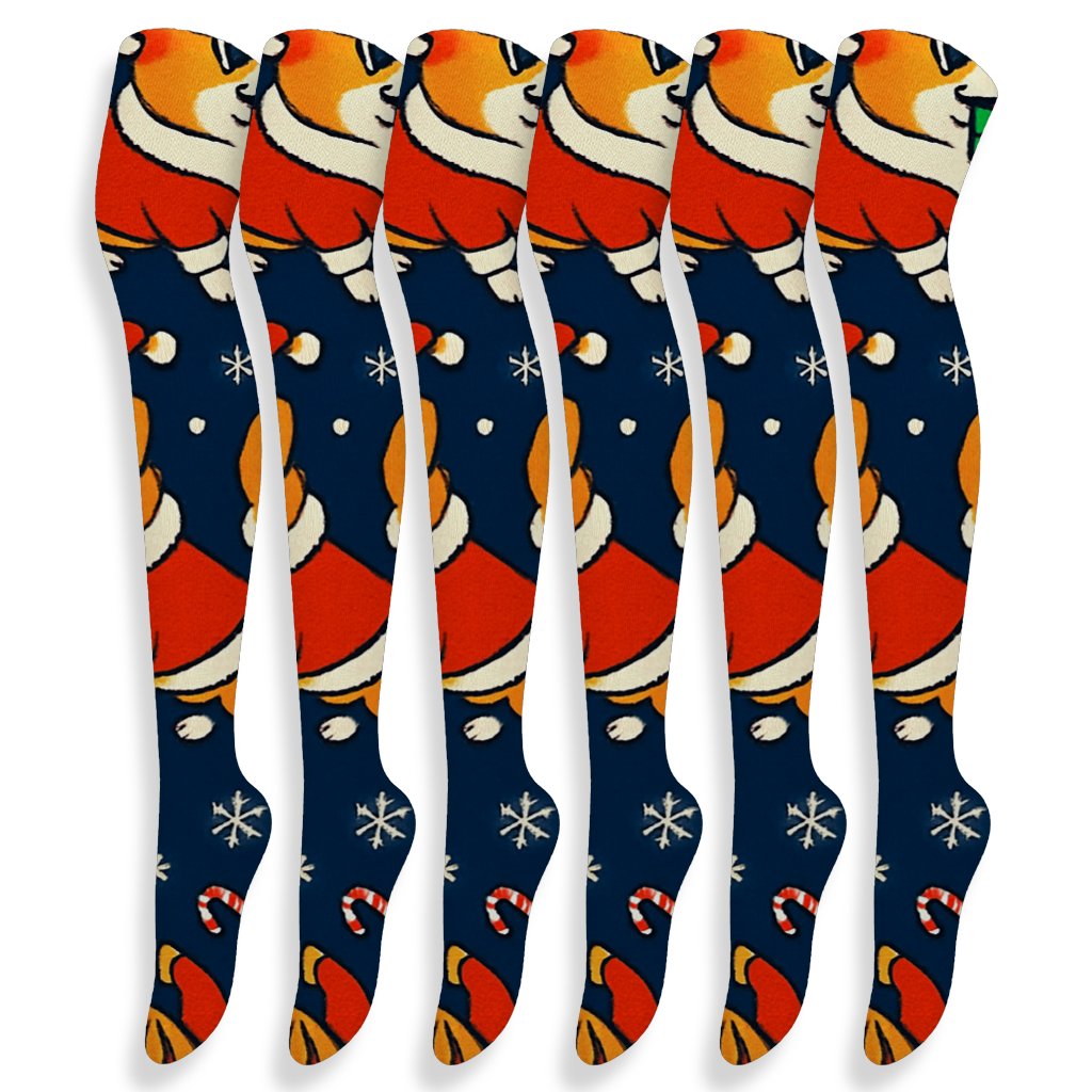 Santa Corgi Gift Wrap Parade soft everyday over-the-knee socks
