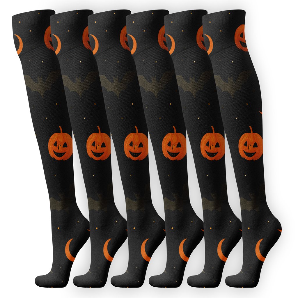 Bats And Crescent Moons Pumpkin Constellation On Black Background designer print knee-high socks