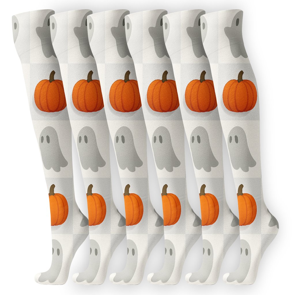 Ghost Silhouette Checkerboard With Orange Pumpkins On White Background soft everyday knee-high socks