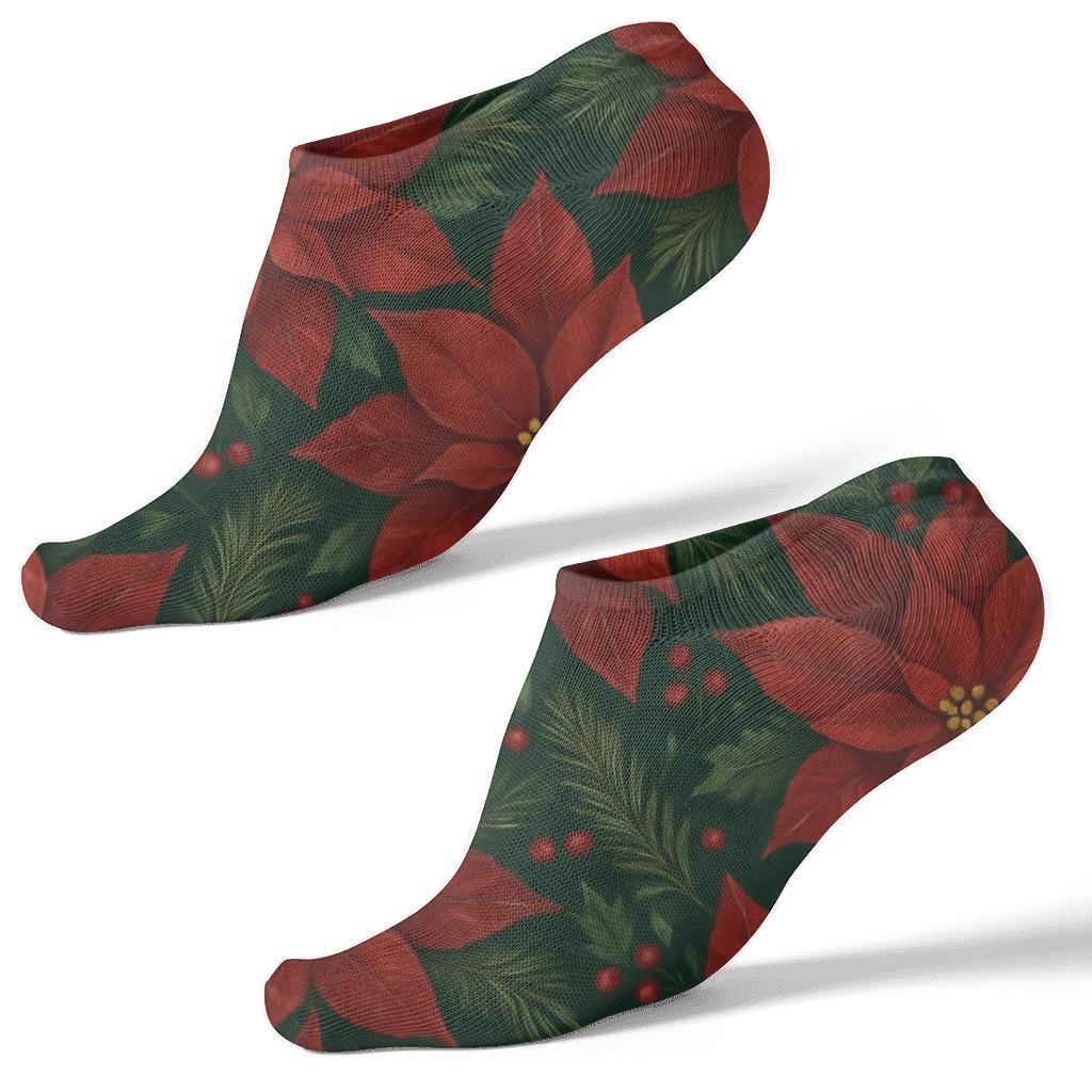 Crimson Poinsettia Star Lattice On Deep Green soft everyday ankle socks