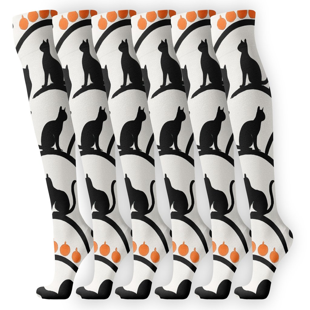 Cat Silhouette Crescent With Pumpkin Arches On White Background soft everyday knee-high socks