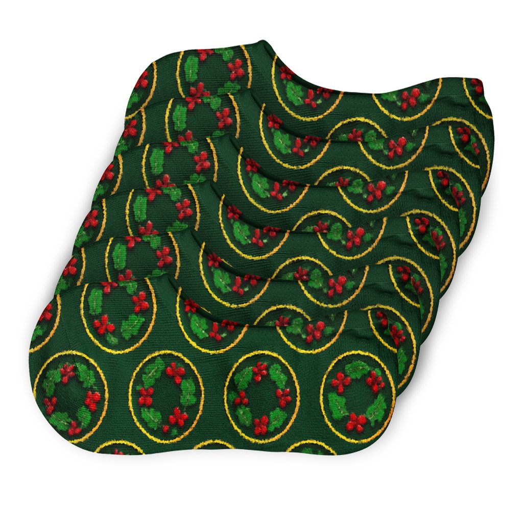 Holly Garland Medallions, Pale Gold Wreath designer print no-show socks