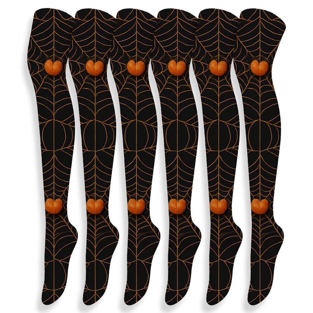 Spider Web Ring With Pumpkin Nodes On Black Background designer print over-the-knee socks