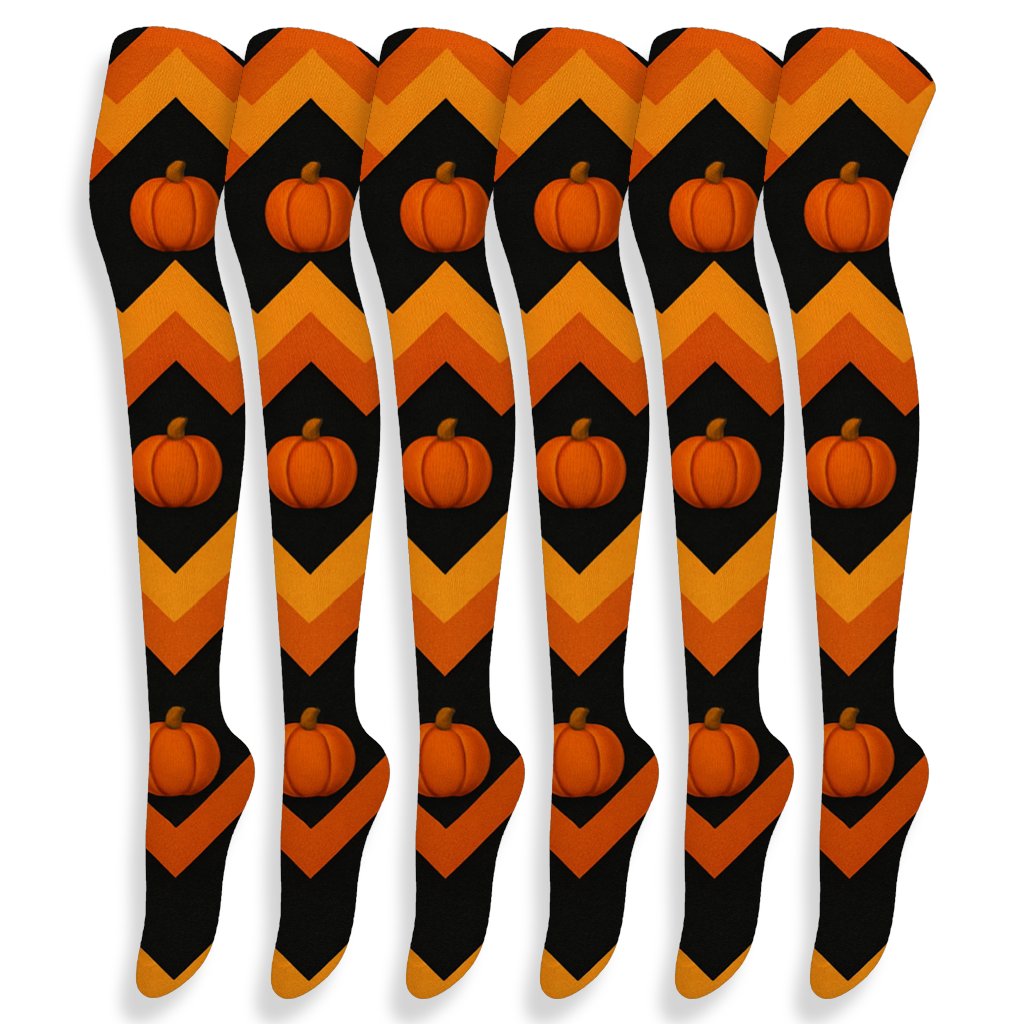 Candy Corn Chevron With Mini Pumpkins On Black Background stylish fashion over-the-knee socks