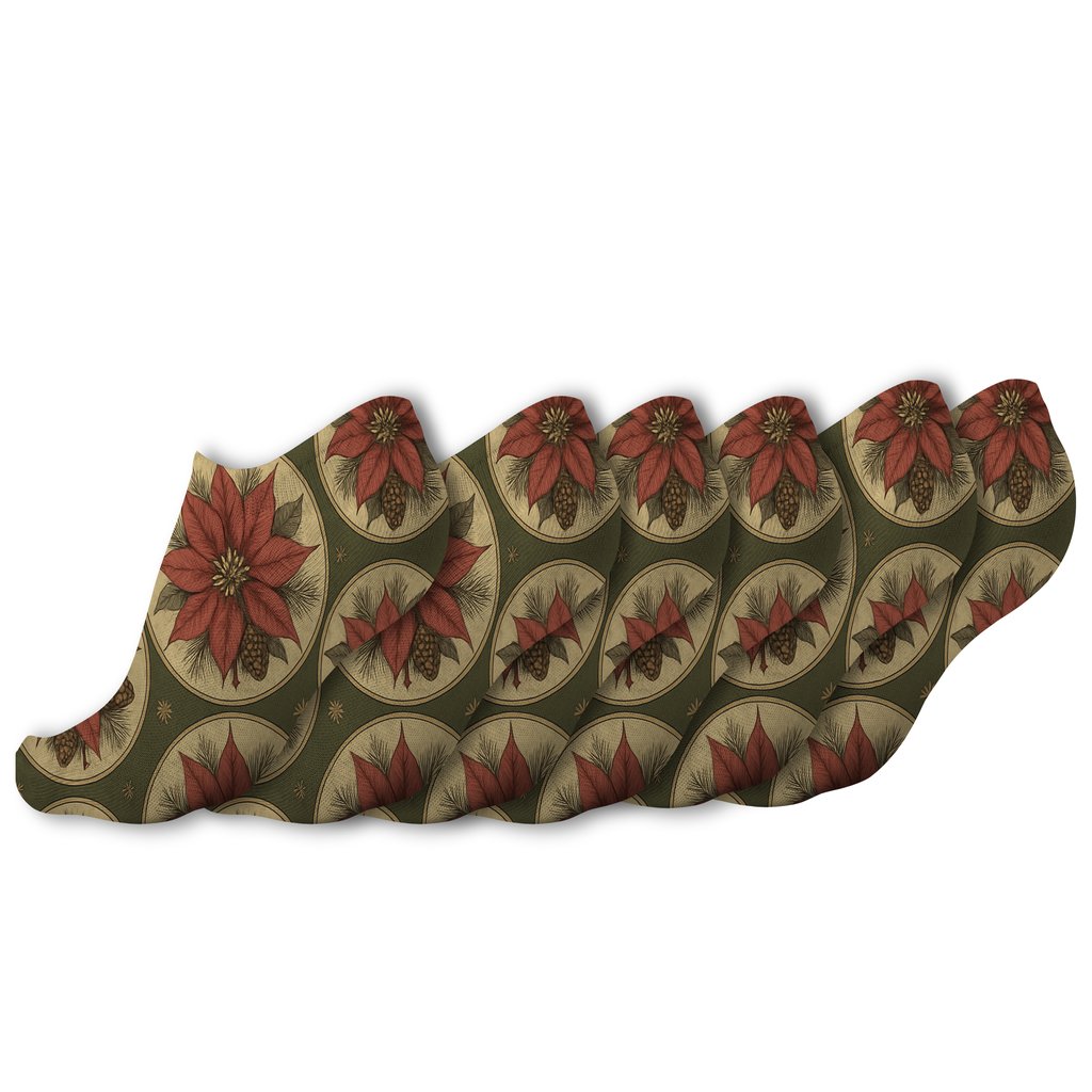 Poinsettia Pinecone Medallions On Moss Green designer print ankle socks