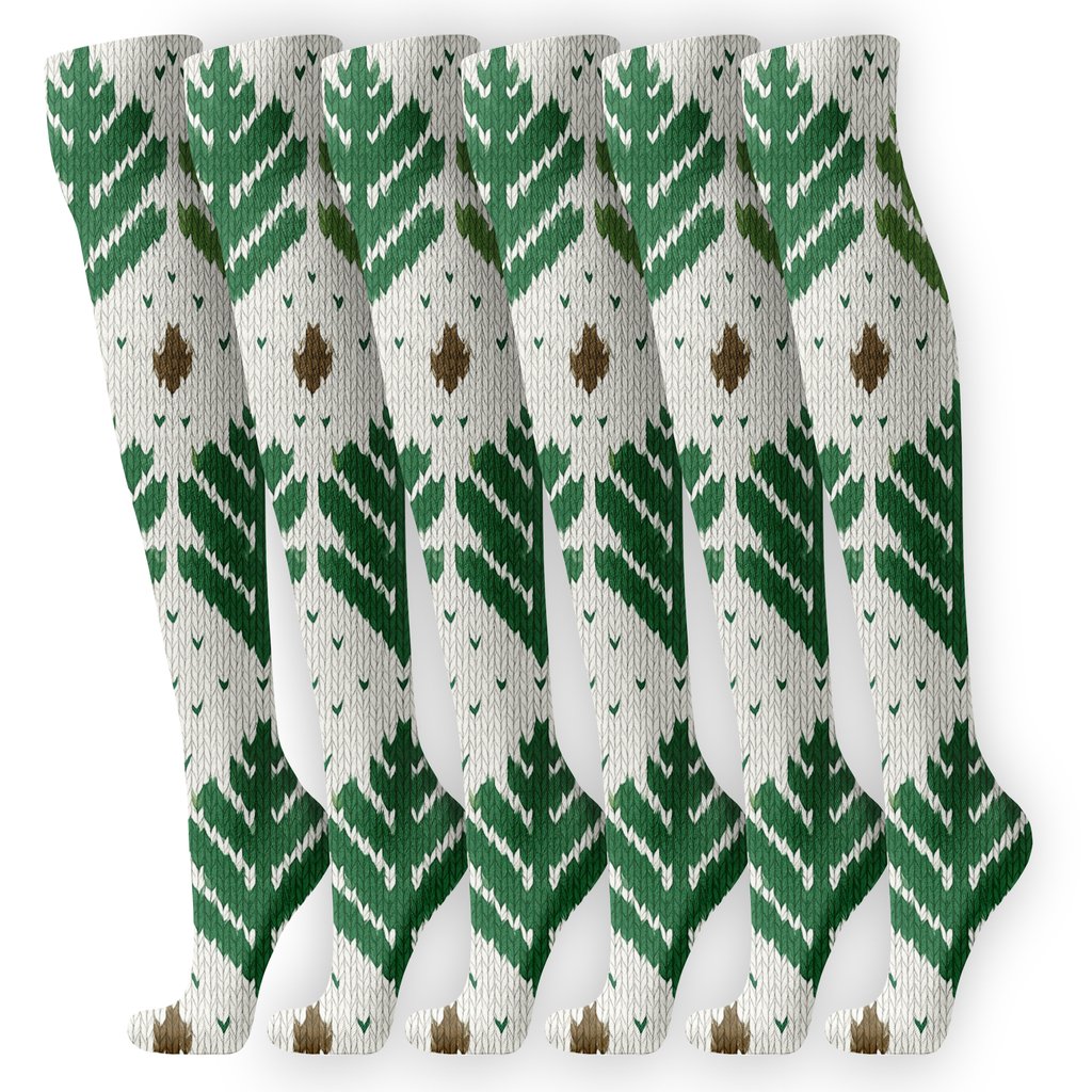 Evergreen Branches Nordic Knit Snowfield designer print knee-high socks