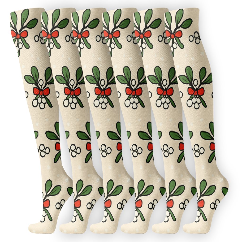 Snow Dusted Sprig Bands With Mistletoe Ribbons trendy patterned knee-high socks