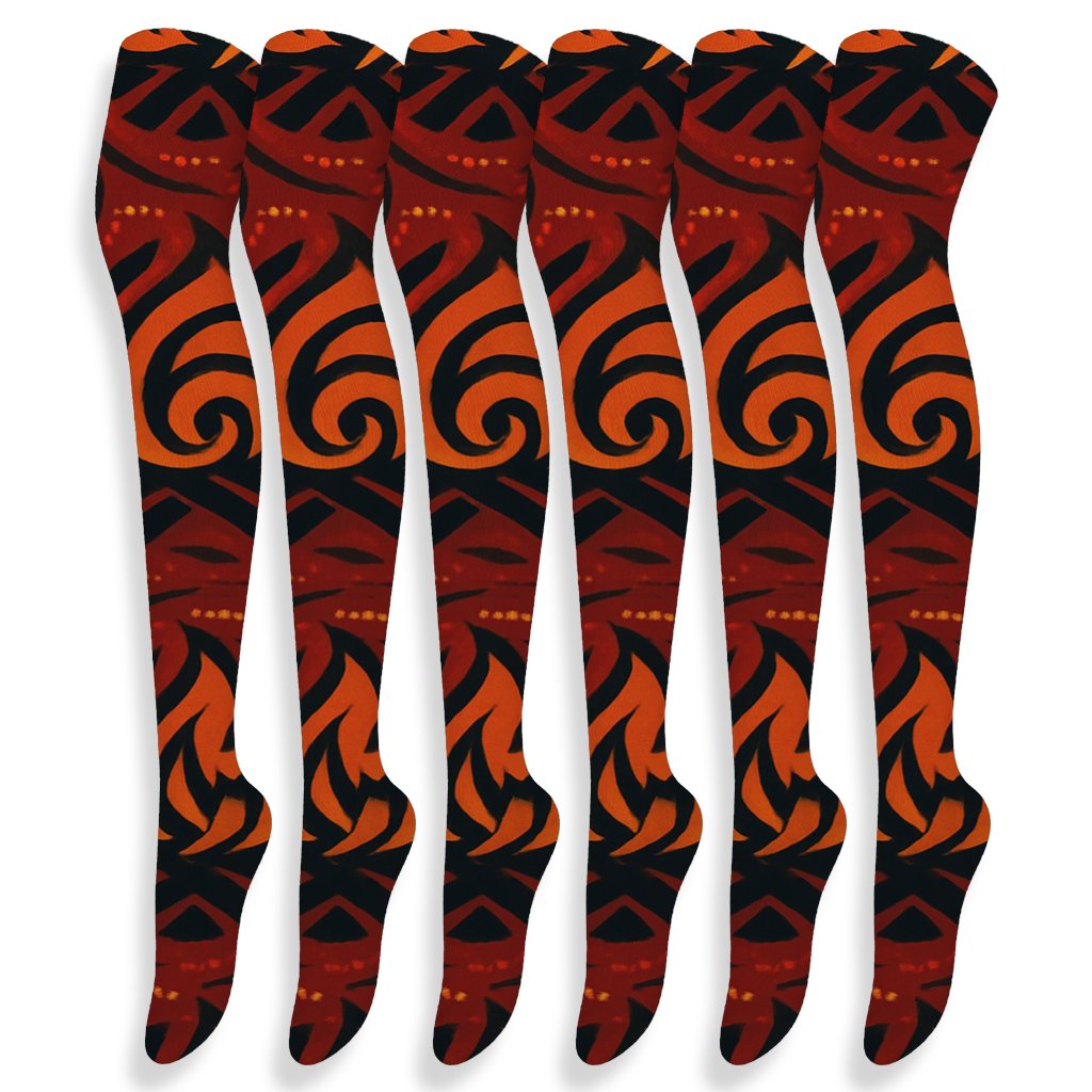 Tribal Bonfire Spiral Tessellation On Ember Red custom over-the-knee socks
