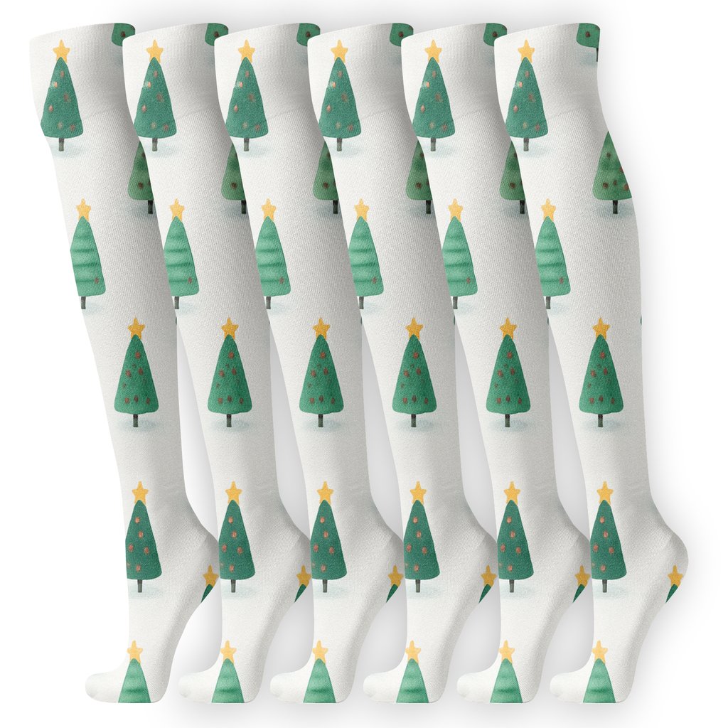 Snowfield Christmas-Tree Miniature Scatter On White unique graphic knee-high socks