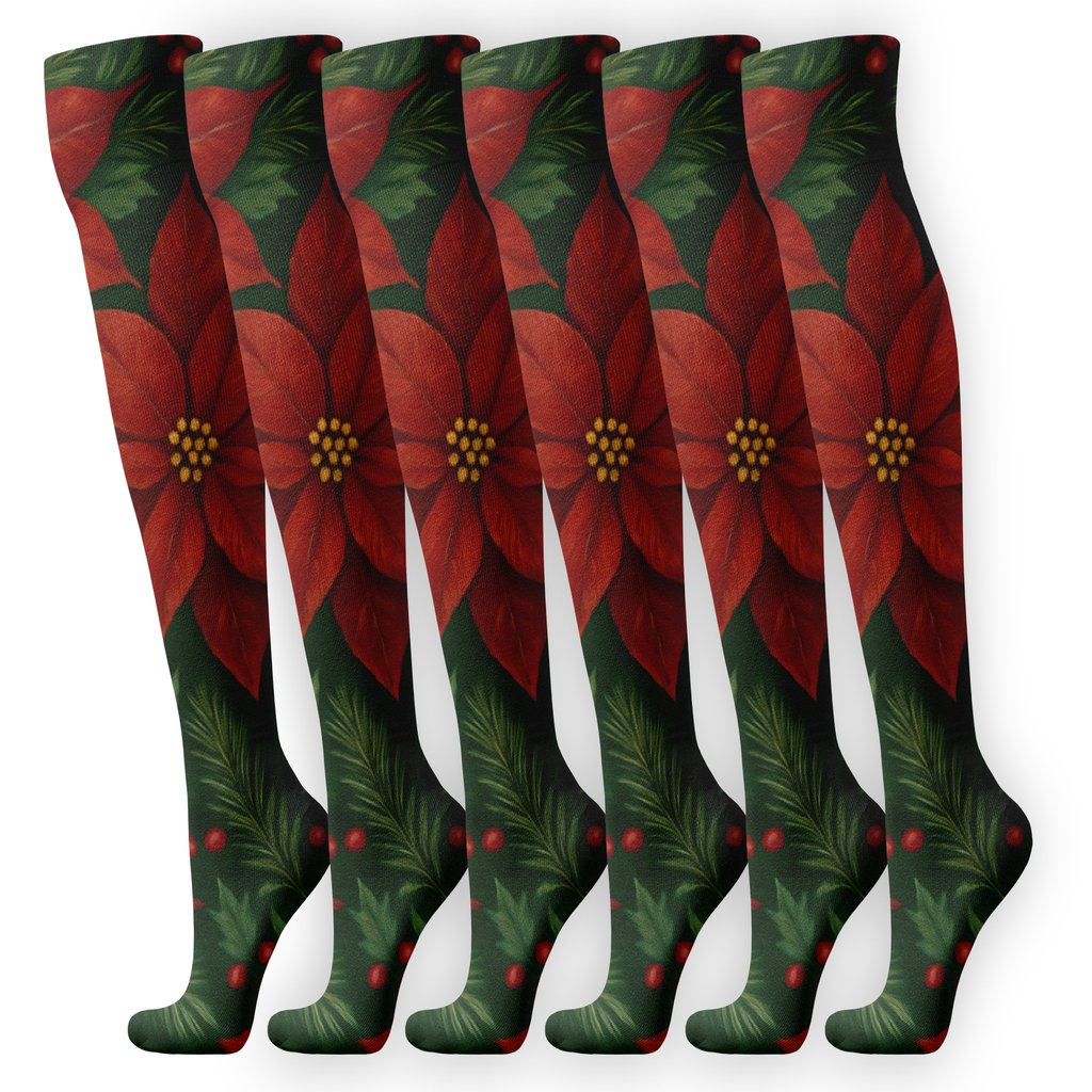 Crimson Poinsettia Star Lattice On Deep Green designer print knee-high socks