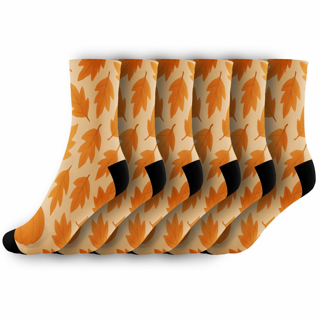 Autumn Leaf And Pumpkin Scatter On Proper Neutral Background designer printed crew socks