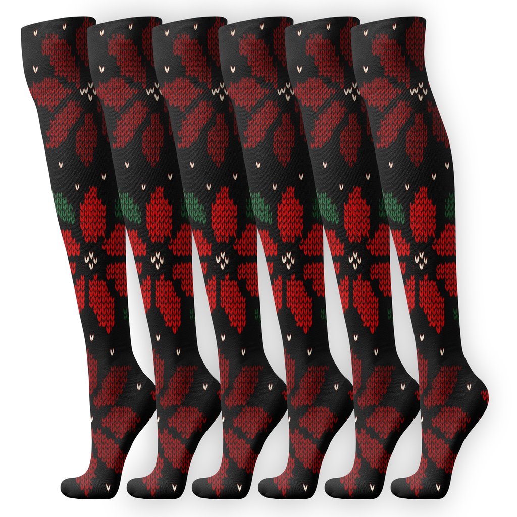 Knitted Poinsettia Snow Scatter On Midnight Black unique graphic knee-high socks
