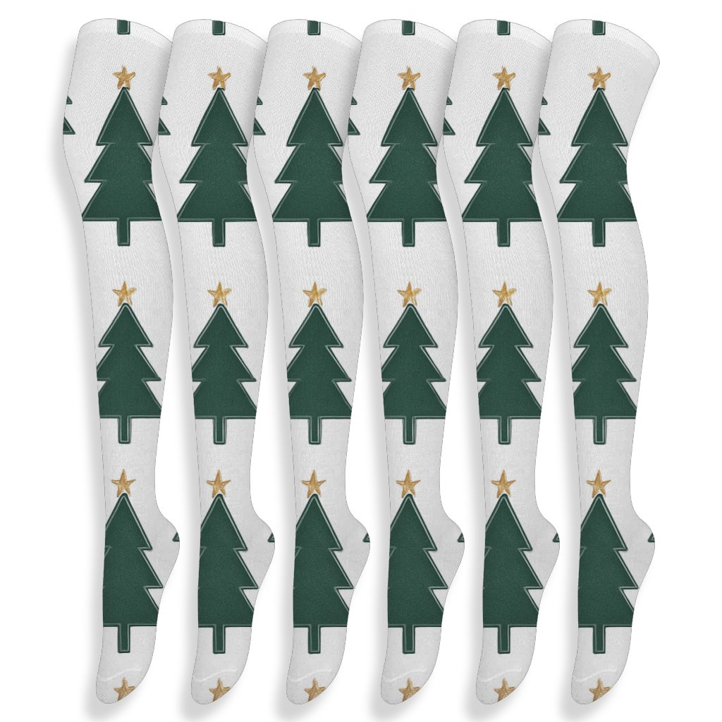 Starlit Forest With Christmas Tree Silhouette Grid soft everyday over-the-knee socks