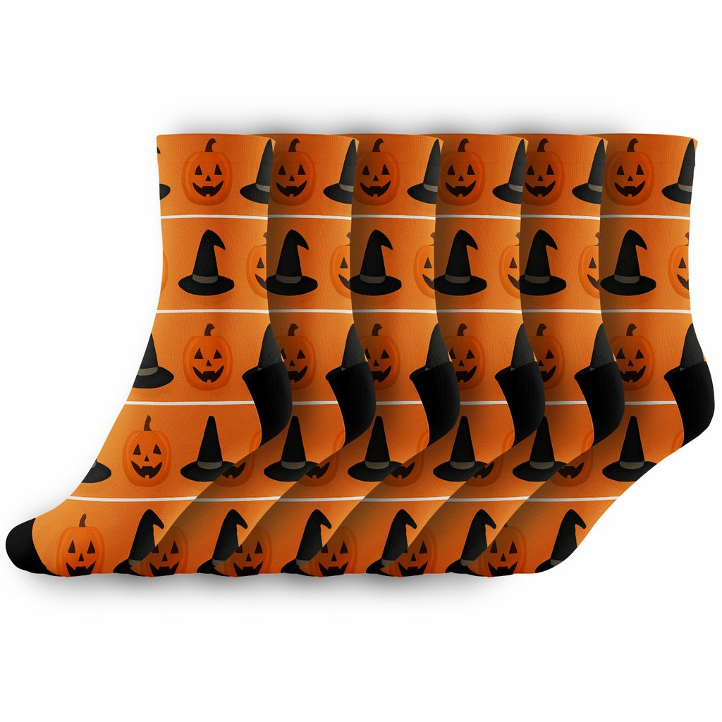 Witch Hat And Pumpkin Ribbon Bands On Orange Background designer printed crew socks