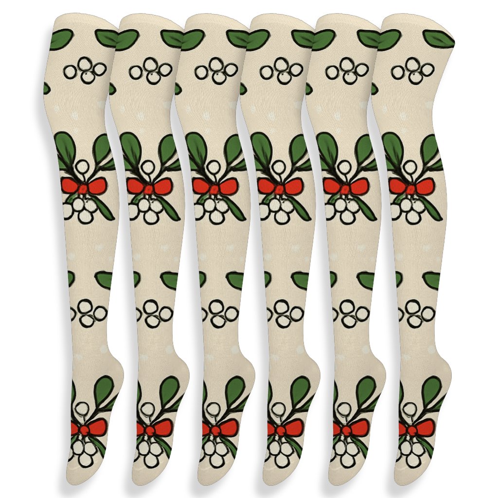 Snow Dusted Sprig Bands With Mistletoe Ribbons trendy patterned over-the-knee socks