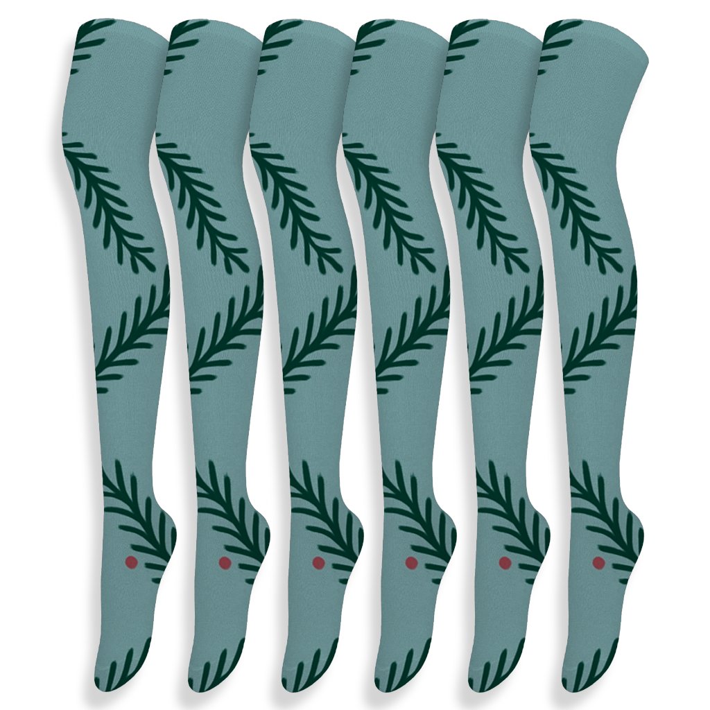 Winter Garland With Evergreen Branches Motif trendy patterned over-the-knee socks