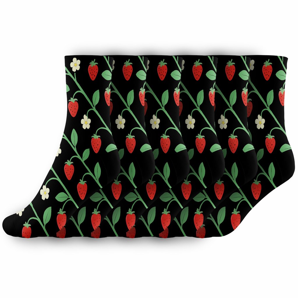 Midnight Strawberry Vines On Black custom crew socks