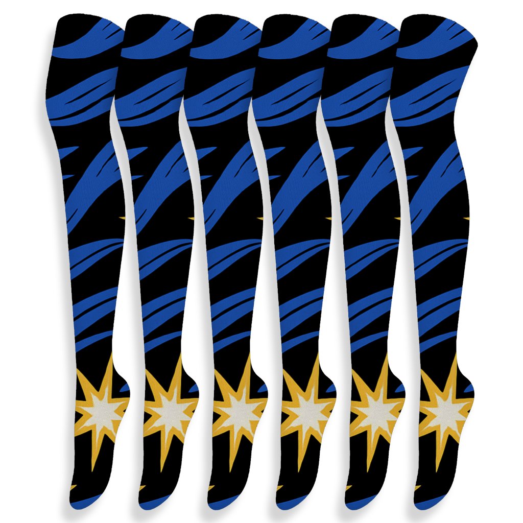 Comet-Tailed Star-of-Bethlehem Procession Stripes premium cozy over-the-knee socks