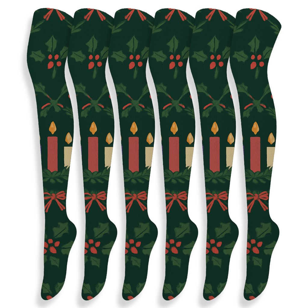 Advent Candles Wreath Lattice On Deep Evergreen trendy patterned over-the-knee socks