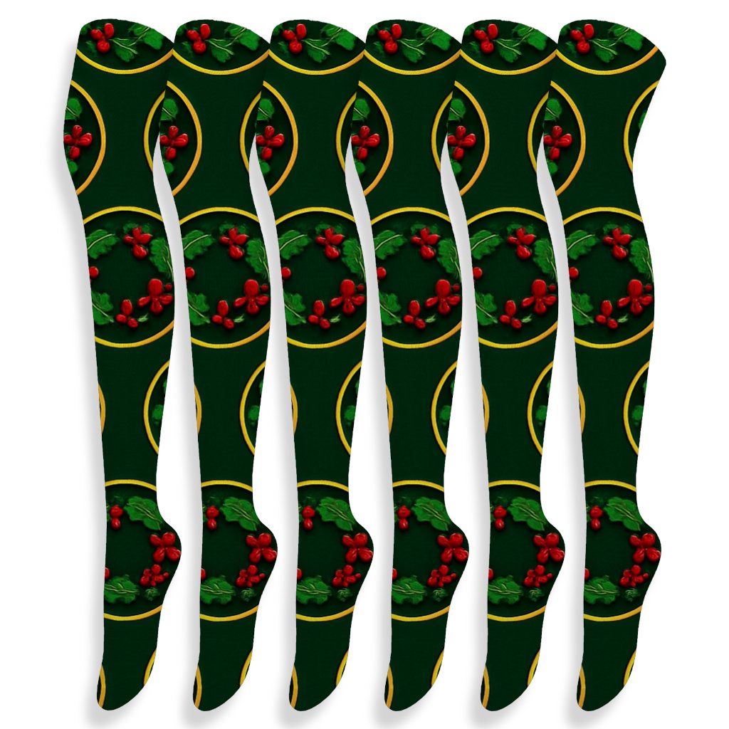 Holly Garland Medallions, Pale Gold Wreath comfortable cotton over-the-knee socks