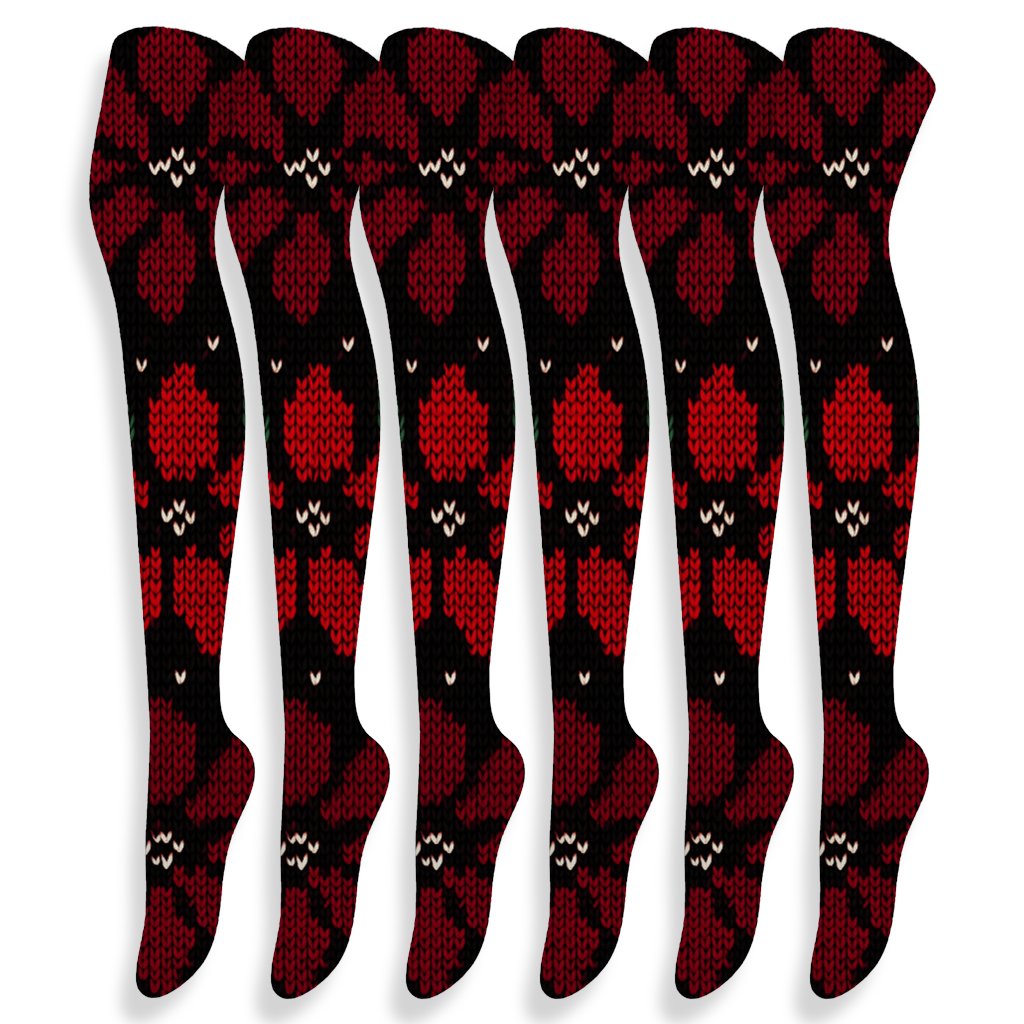 Knitted Poinsettia Snow Scatter On Midnight Black trendy patterned over-the-knee socks