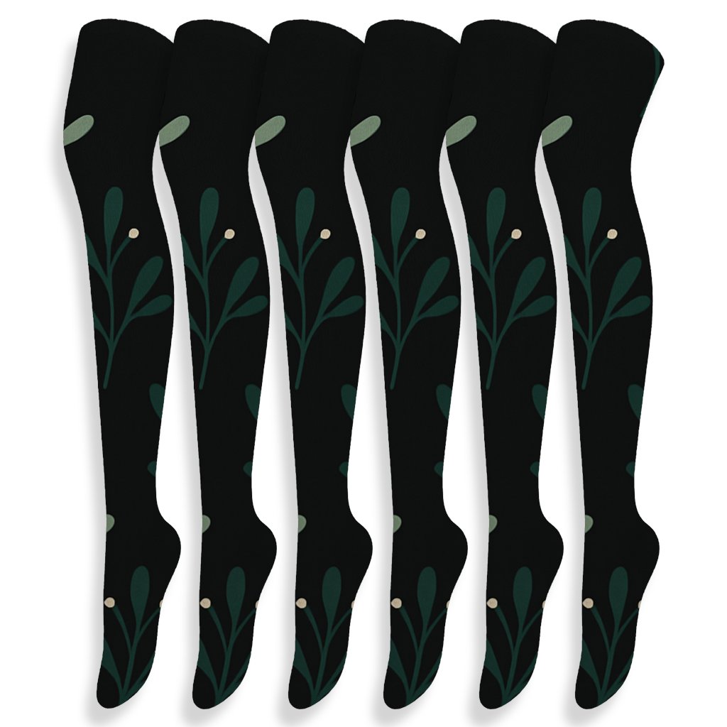 Minimal Sprig Silhouettes Pattern Mistletoe Edition designer print over-the-knee socks