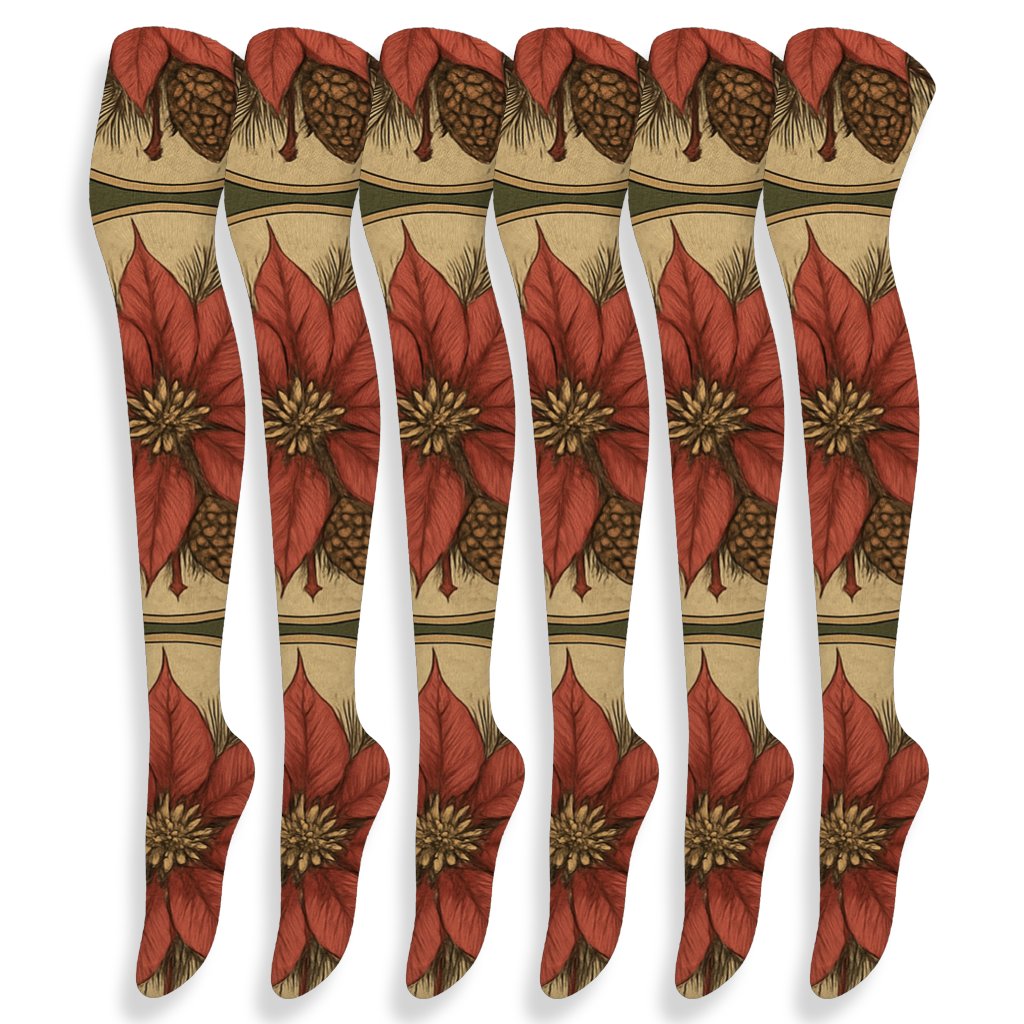 Poinsettia Pinecone Medallions On Moss Green soft everyday over-the-knee socks