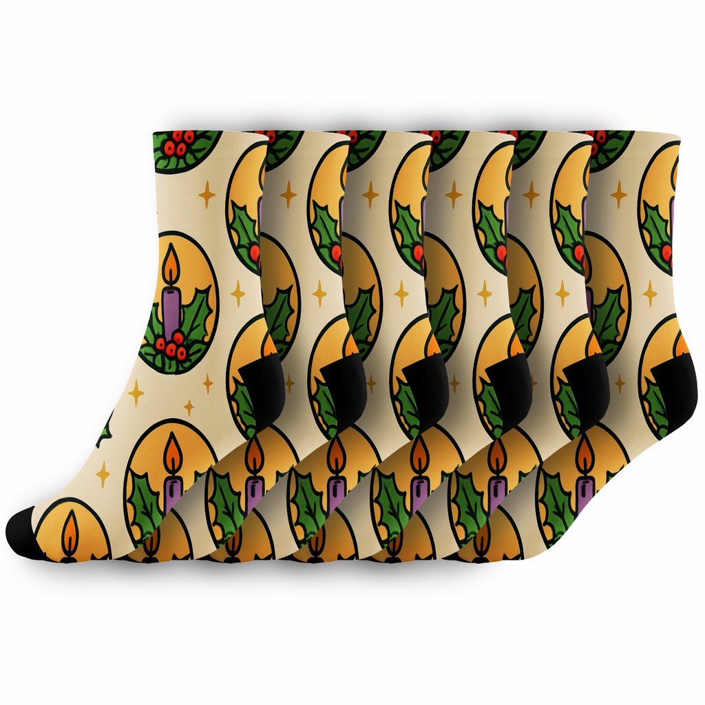 Candle Ring Advent Wreath Medallions On Ivory unique graphic crew socks
