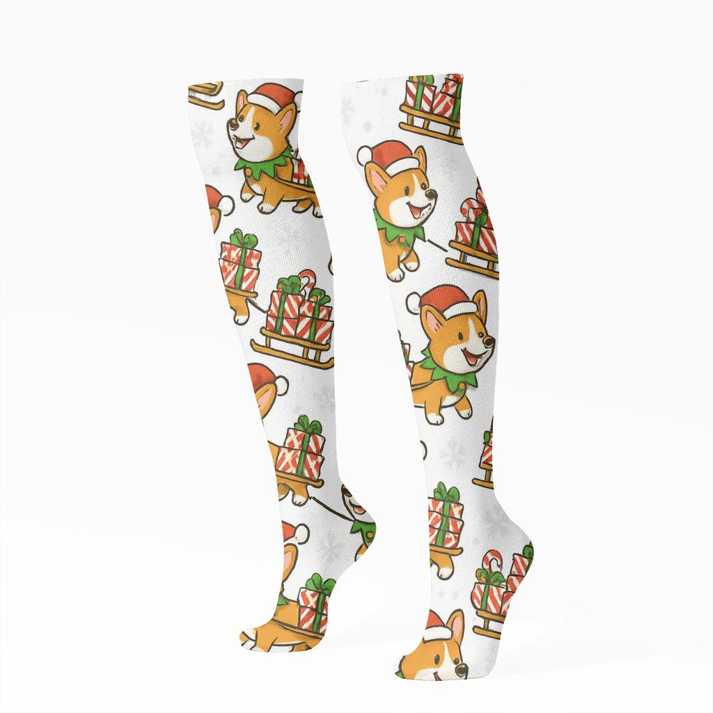 Snowy Corgi Sleigh Parade trendy patterned knee-high socks