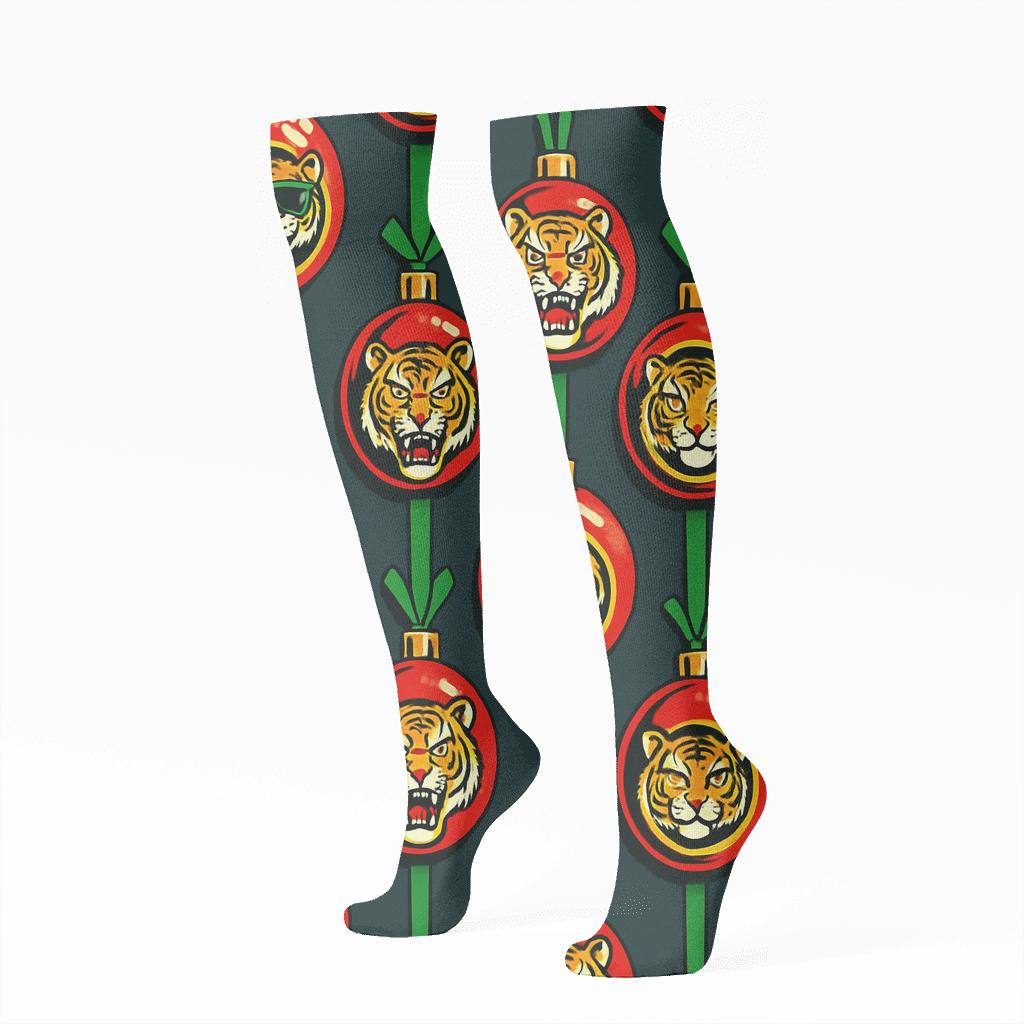 Christmas Tiger Ornament Galaxy trendy patterned knee-high socks