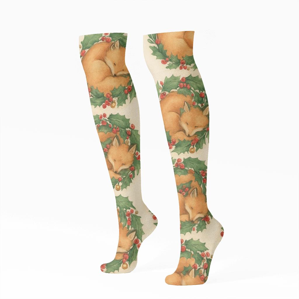 Fox And Holly Wreath Mosaic personalized knee-high socks