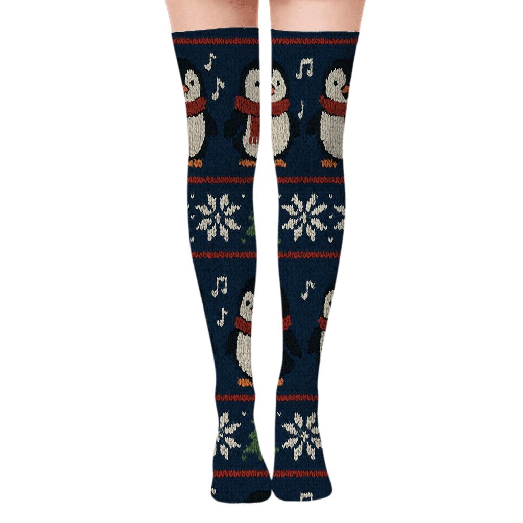 Penguin Carol Choir Knitted Stripes designer print over-the-knee socks