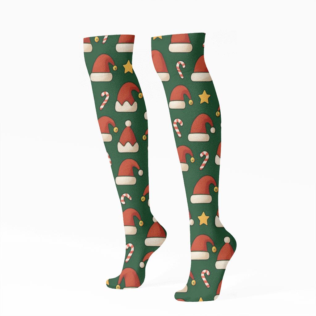 Playful Elf Hat Grid Xmas Pattern soft everyday knee-high socks