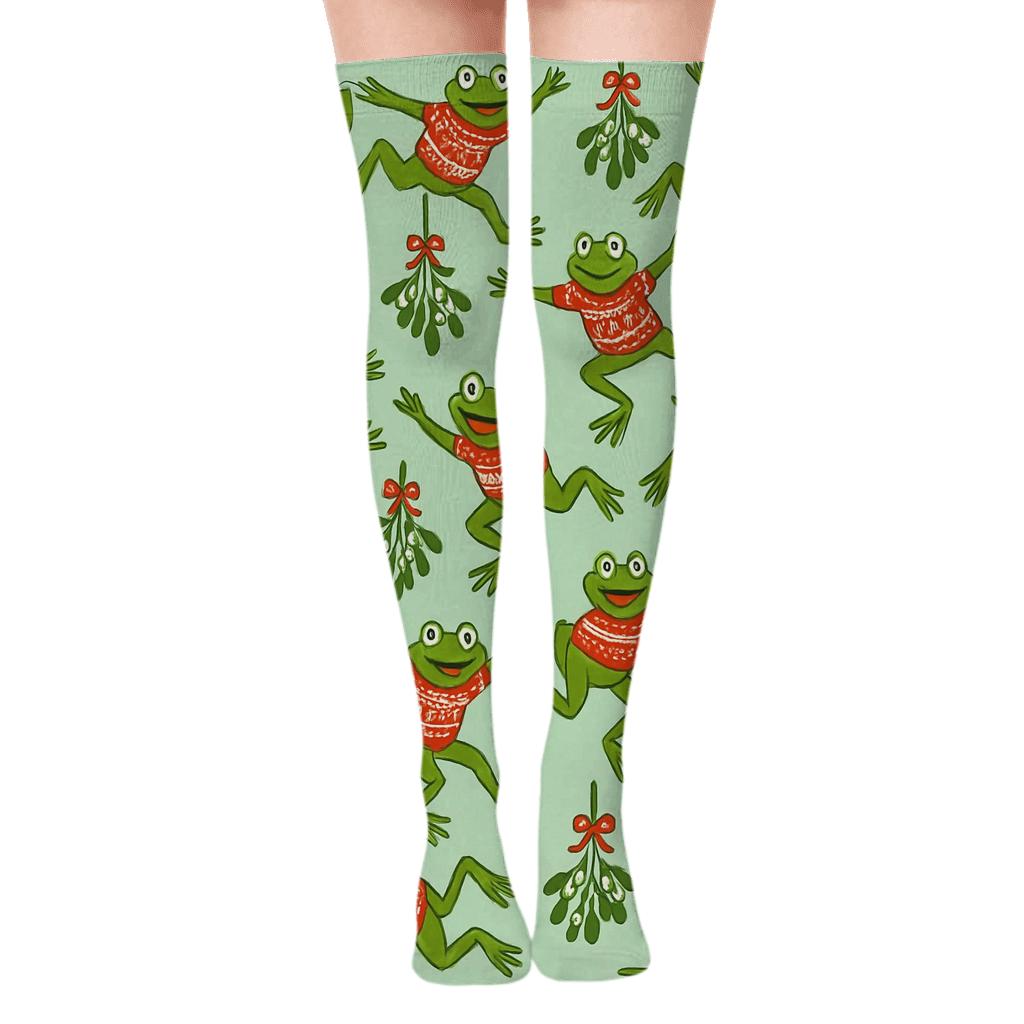 Frog Mistletoe Skipping Diagonal premium cozy over-the-knee socks