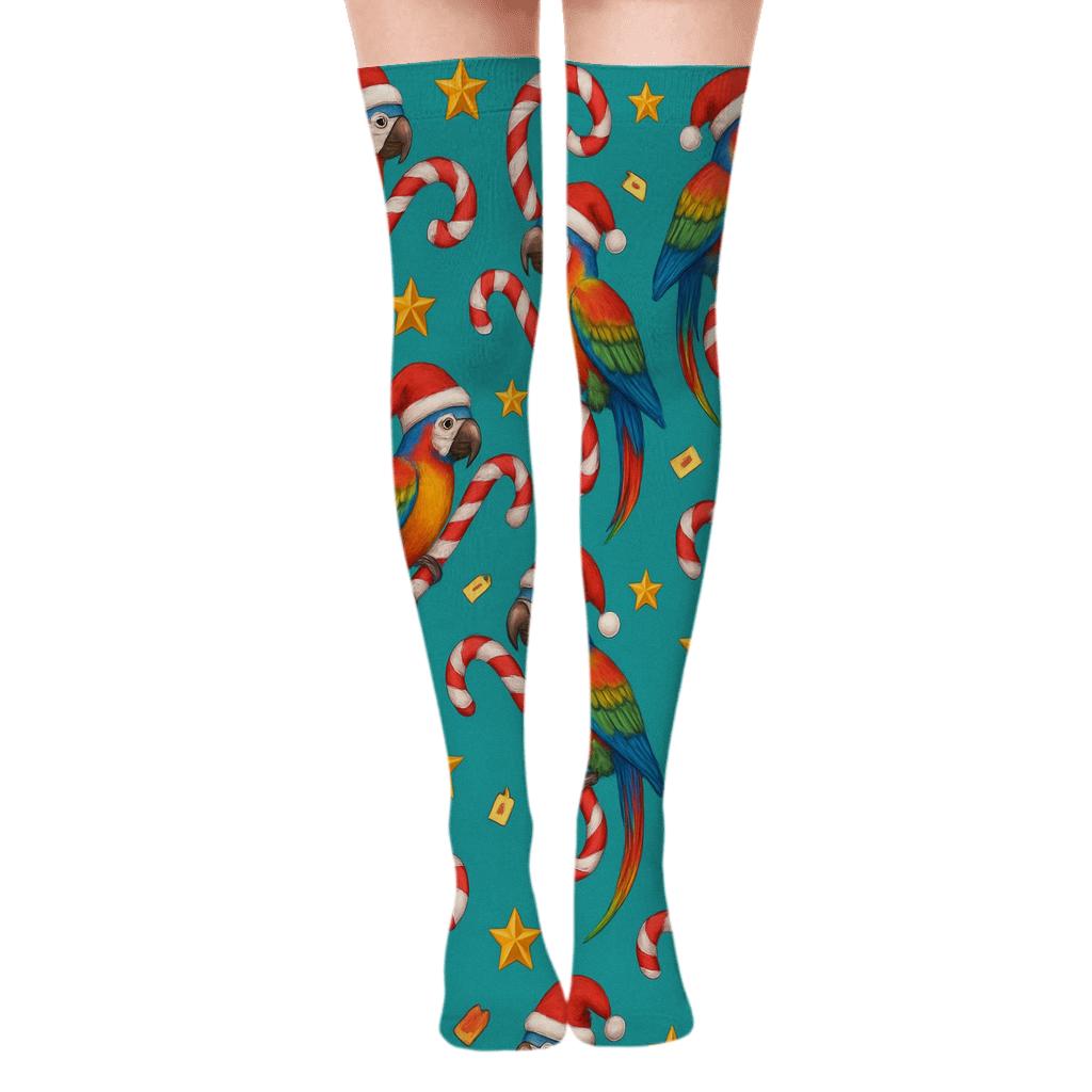 Parrot Candy Cane Spiral Toss premium cozy over-the-knee socks