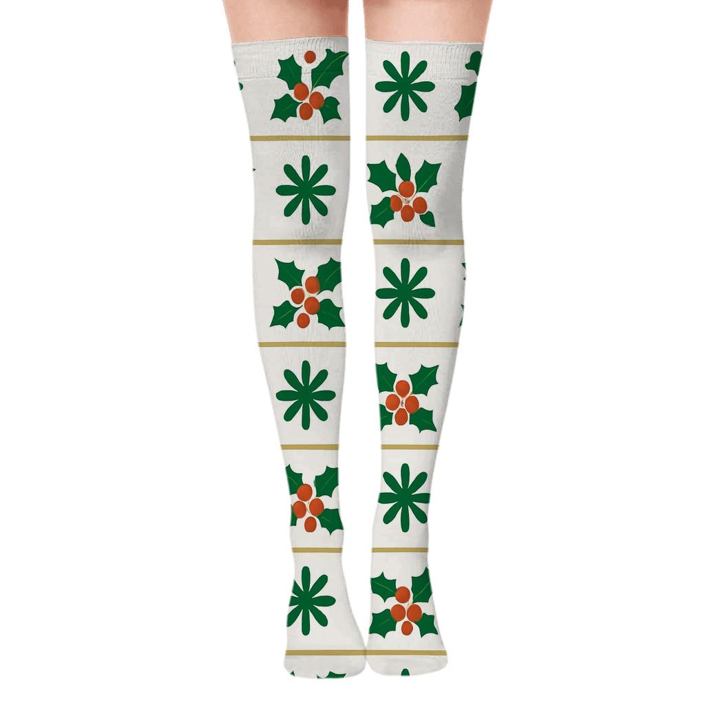 Evergreen Holly Daisy Stripe On Winter White unique graphic over-the-knee socks