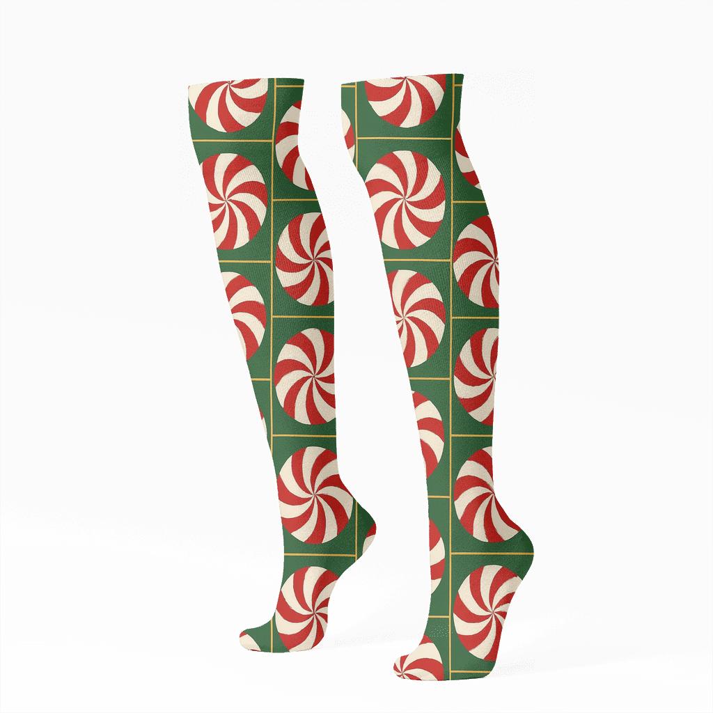 Striped Candy Cane Holiday Spiral Tiles custom knee-high socks