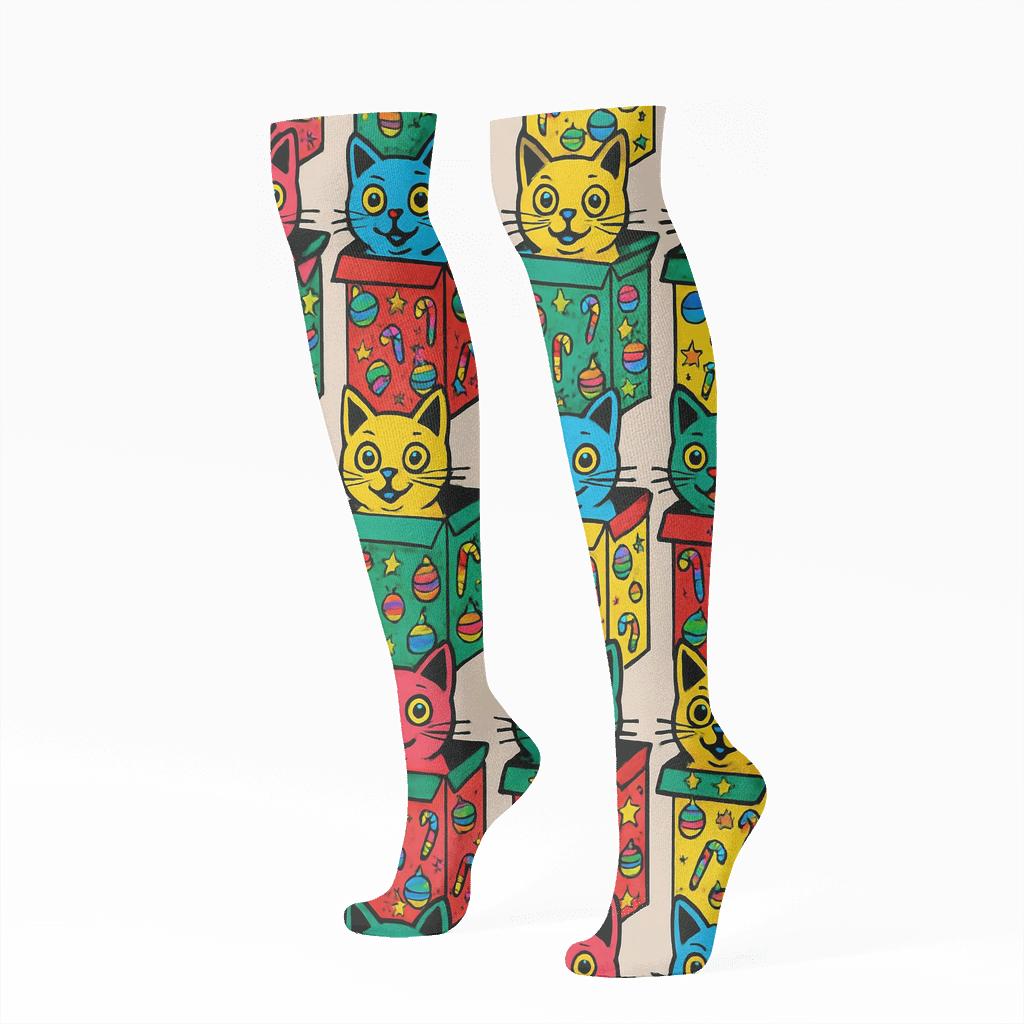 Ornament Box Cats Rainbow Pop Stripe designer print knee-high socks