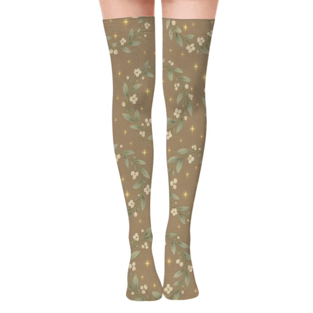 Twinkling Mistletoe Wildflower Ring On Warm Taupe custom over-the-knee socks