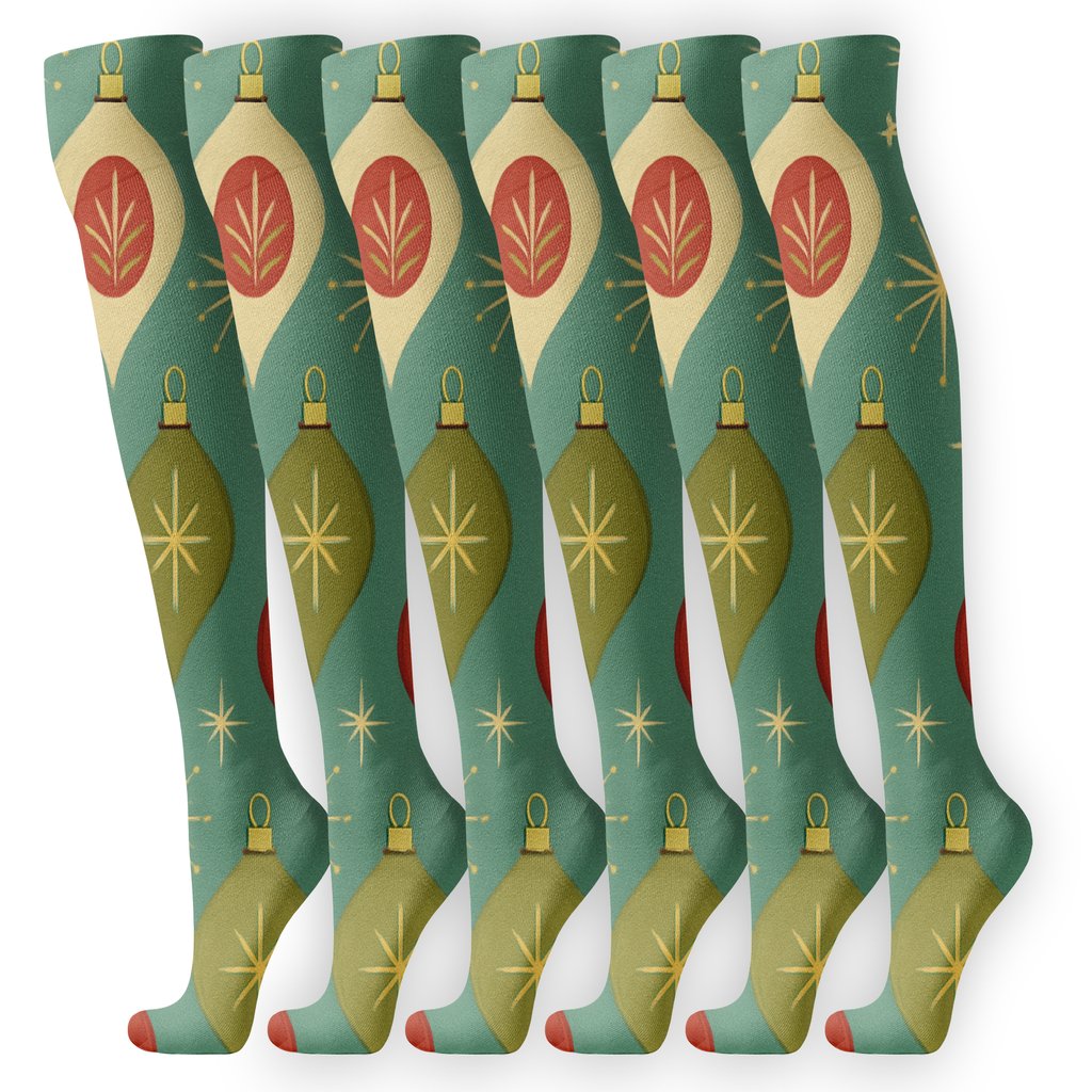 Retro Xmas Bauble Starburst Field soft everyday knee-high socks
