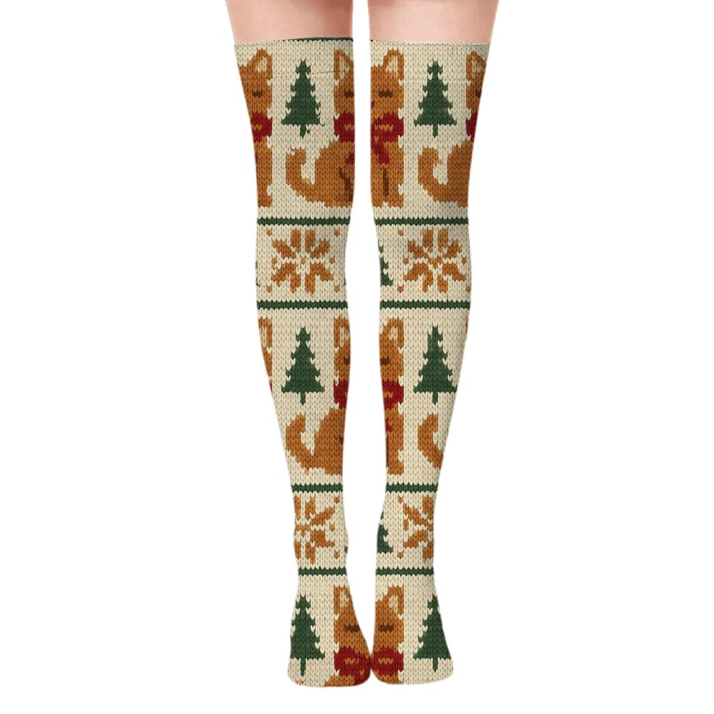 Knitted Gingerbread Kitten Fair Isle On Cream custom over-the-knee socks