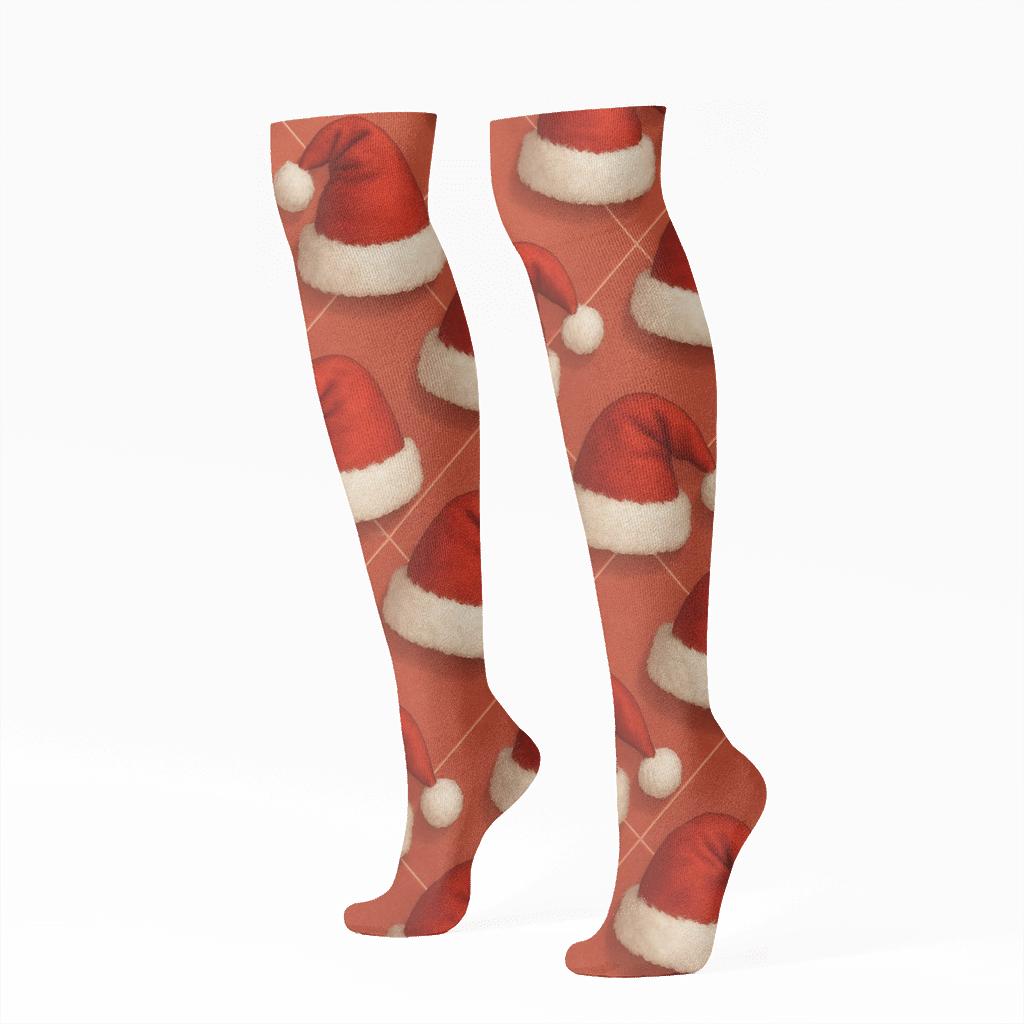 Santa Hat Lattice On Frosted Red Field stylish athletic knee-high socks