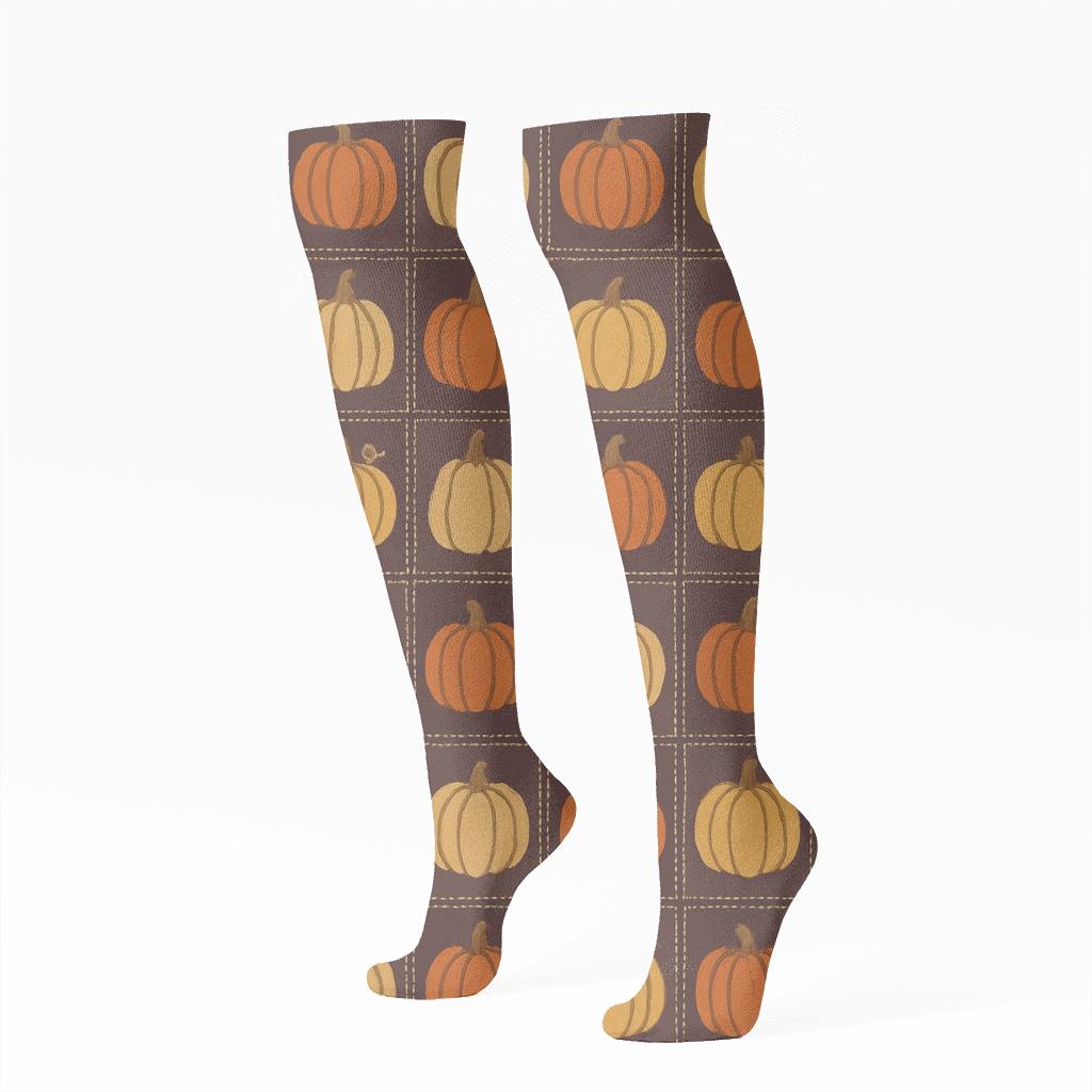 Patchwork Pumpkin Quilt Grid On Deep Plum premium sports knee-high socks